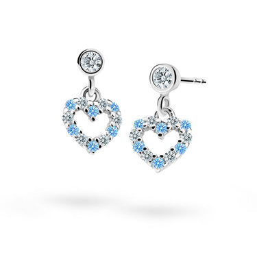 Dětské visací náušnice Danfil srdíčka C2157 z bílého zlata s kamínky Arctic Blue, zapínání puzeta