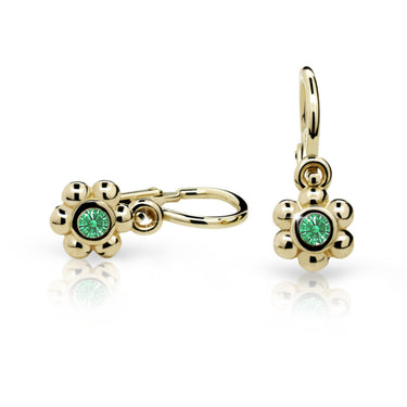 Dětské náušnice Danfil kytičky C2031 ze žlutého zlata s kamínkem Emerald Green, zapínání brizura