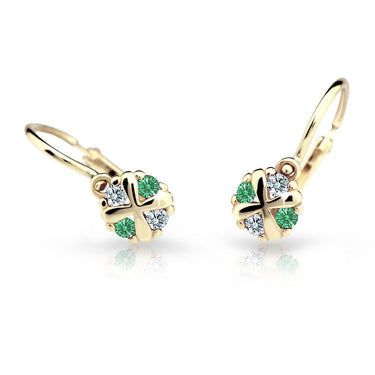 Dětské náušnice Danfil C2153 ze žlutého zlata s kamínky Emerald Green, zapínání brizura