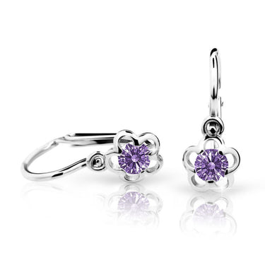 Dětské náušnice Danfil kytičky C1945 z bílého zlata s kamínkem Amethyst, zapínání brizura
