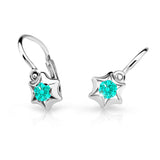 Dětské náušnice Danfil hvězdičky C2159 z bílého zlata s kamínkem Mint Green, zapínání brizura