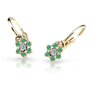 Dětské náušnice Danfil kytičky C2152 ze žlutého zlata s kamínky Emerald Green, zapínání brizura