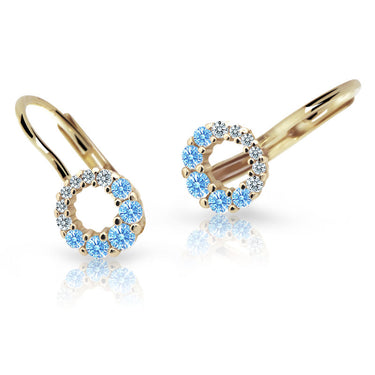 Dětské náušnice Danfil C2154 ze žlutého zlata s kamínky Arctic Blue, zapínání klapka