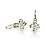 Dětské náušnice Danfil kytičky C2013 ze žlutého zlata s kamínkem Arctic Blue, zapínání brizura