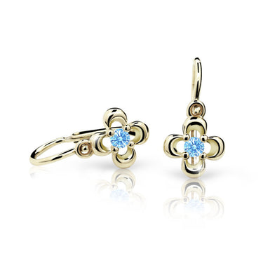 Dětské náušnice Danfil kytičky C2013 ze žlutého zlata s kamínkem Arctic Blue, zapínání brizura