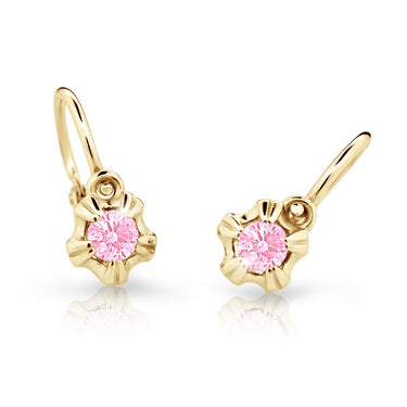 Dětské náušnice Danfil C2158 ze žlutého zlata s kamínkem Pink, zapínání brizura