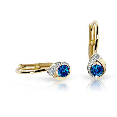Dětské náušnice Danfil kapky C1898 ze žlutého zlata s kamínkem Dark Blue, zapínání klapka