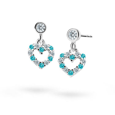 Dětské visací náušnice Danfil srdíčka C2157 z bílého zlata s kamínky Mint Green, zapínání puzeta