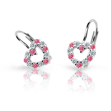 Dětské náušnice Danfil srdíčka C2157 z bílého zlata s kamínky Tcf Red, zapínání klapka