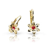 Dětské náušnice Danfil kytičky C1993 ze žlutého zlata s kamínkem Ruby Dark, zapínání klapka