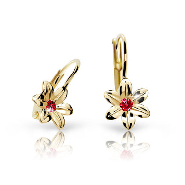 Dětské náušnice Danfil kytičky C1993 ze žlutého zlata s kamínkem Ruby Dark, zapínání klapka