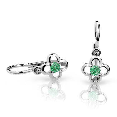 Dětské náušnice Danfil kytičky C1944 z bílého zlata s kamínkem Emerald Green, zapínání brizura