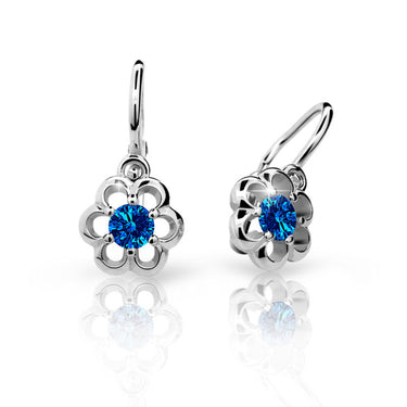 Dětské náušnice Danfil kytičky C1947 z bílého zlata s kamínkem Dark Blue, zapínání brizura