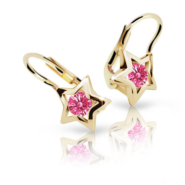 Dětské náušnice Danfil hvězdičky C1942 ze žlutého zlata s kamínkem Tcf Red, zapínání klapka