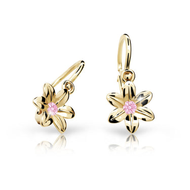 Dětské náušnice Danfil kytičky C1993 ze žlutého zlata s kamínkem Pink, zapínání brizura