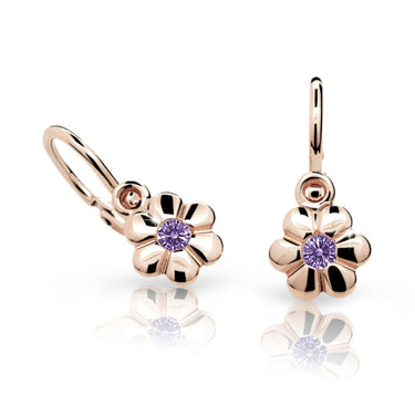 Dětské náušnice Danfil kytičky C1736 z růžového zlata s kamínkem Amethyst, zapínání brizura