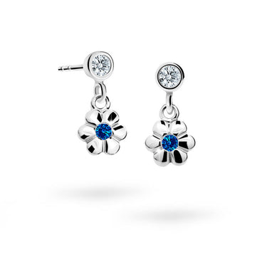 Dětské visací náušnice Danfil kytičky C1736 z bílého zlata s kamínkem Dark Blue, zapínání puzeta