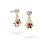 Dětské visací náušnice Danfil kytičky C1736 ze žlutého zlata s kamínkem Ruby Dark, zapínání puzeta