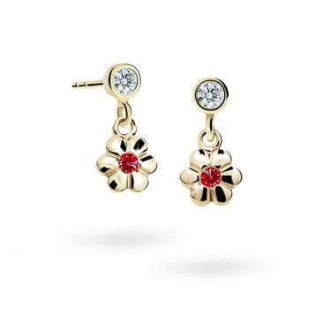 Dětské visací náušnice Danfil kytičky C1736 ze žlutého zlata s kamínkem Ruby Dark, zapínání puzeta