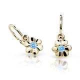 Dětské náušnice Danfil kytičky C1736 ze žlutého zlata s kamínkem Arctic Blue, zapínání brizura