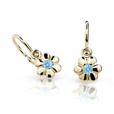 Dětské náušnice Danfil kytičky C1736 ze žlutého zlata s kamínkem Arctic Blue, zapínání brizura