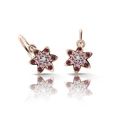 Dětské duhové náušnice Danfil hvězdičky C2206 z růžového zlata s červenými, malinovými a světle růžovými zirkony, zapínání brizura