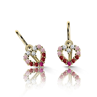 Dětské náušnice Danfil srdíčka C2157 ze žlutého zlata s červenými, malinovými, růžovými a bílými zirkony, zapínání brizura