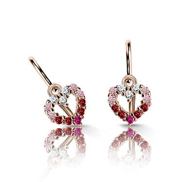 Dětské náušnice Danfil srdíčka C2157 z růžového zlata s červenými, malinovými, růžovými a bílými zirkony, zapínání brizura