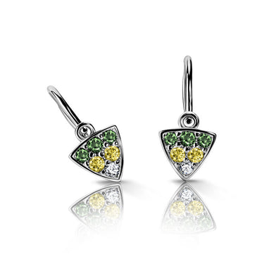Dětské náušnice Danfil C2207 z bílého zlata s tmavě zelenými, žlutými a bílými kamínky, zapínání brizura