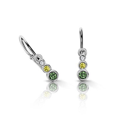 Dětské náušnice Danfil C2255 z bílého zlata s tmavě zelenými, žlutými a bílými kamínky, zapínání brizura