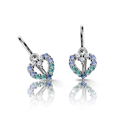 Dětské náušnice Danfil srdíčka C2157 z bílého zlata s tmavě modrými, mintovými, světle modrými a bílými zirkony, zapínání brizura
