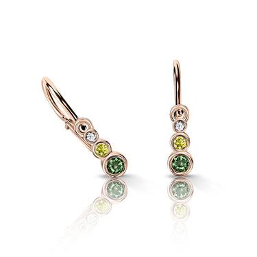 Dětské náušnice Danfil C2255 z růžového zlata s tmavě zelenými, žlutými a bílými kamínky, zapínání brizura