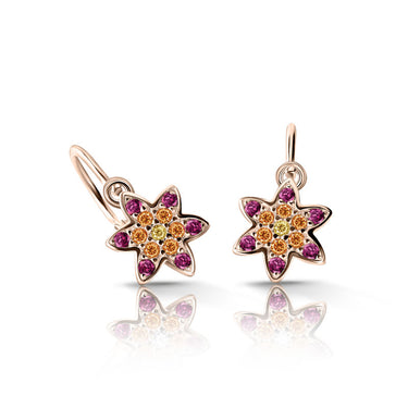 Dětské duhové náušnice Danfil hvězdičky C2206 z růžového zlata s červenými, oranžovými a žlutými zirkony, zapínání brizura