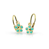 Dětské náušnice Danfil kytičky C2744 ze žlutého zlata s kamínky Mint Green, zapínání brizura