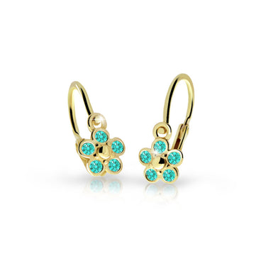Dětské náušnice Danfil kytičky C2744 ze žlutého zlata s kamínky Mint Green, zapínání brizura