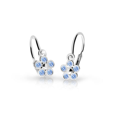 Dětské náušnice Danfil kytičky C2744 z bílého zlata s kamínky Arctic Blue, zapínání brizura