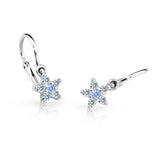 Dětské náušnice Danfil hvězdičky C2118 z bílého zlata s kamínkem Arctic Blue, zapínání brizura