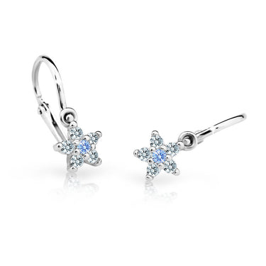 Dětské náušnice Danfil hvězdičky C2118 z bílého zlata s kamínkem Arctic Blue, zapínání brizura