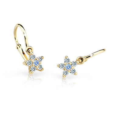 Dětské náušnice Danfil hvězdičky C2118 ze žlutého zlata s kamínkem Arctic Blue, zapínání brizura