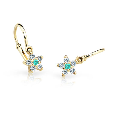 Dětské náušnice Danfil hvězdičky C2118 ze žlutého zlata s kamínkem Mint Green, zapínání brizura