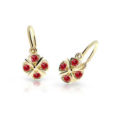 Dětské náušnice Danfil C2245 ze žlutého zlata s kamínky Ruby Dark, zapínání brizura
