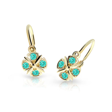 Dětské náušnice Danfil C2245 ze žlutého zlata s kamínky Mint Green, zapínání brizura