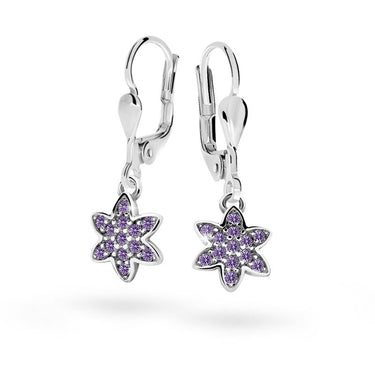 Dětské visací náušnice Danfil kytičky C2206 z bílého zlata s kamínky Amethyst, zapínání klapka