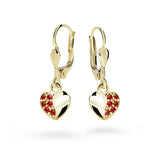 Dětské visací náušnice Danfil srdíčka C2160 ze žlutého zlata s kamínky Ruby Dark, zapínání klapka