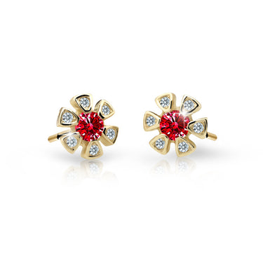 Dětské náušnice Danfil kytičky C2156 ze žlutého zlata s kamínkem Ruby Dark, zapínání balónek