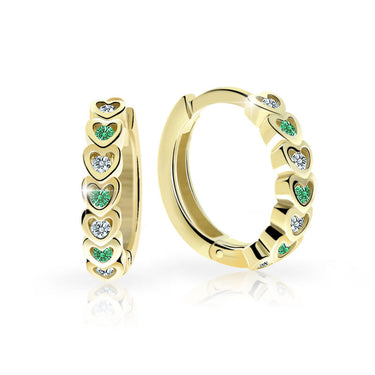 Dětské náušnice Danfil kroužky C3341 ze žlutého zlata s kamínky Emerald Green