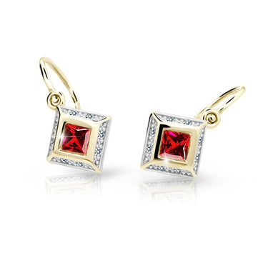 Dětské náušnice Danfil C2501 ze žlutého zlata s kamínky Ruby Dark, zapínání brizura