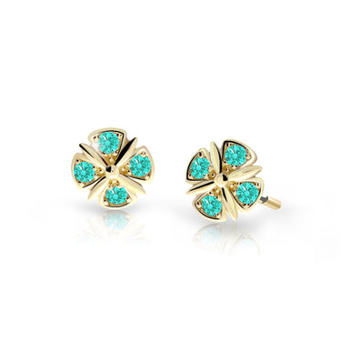 Dětské náušnice Danfil C2245 ze žlutého zlata s kamínky Mint Green, zapínání balónek