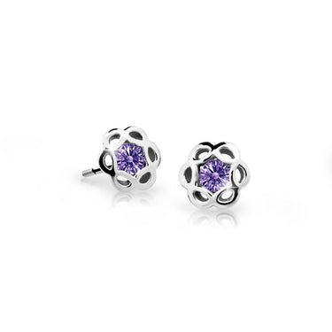 Dětské náušnice Danfil kytičky C2179 z bílého zlata s kamínkem Amethyst, zapínání balónek