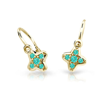 Dětské náušnice Danfil hvězdičky C2266 ze žlutého zlata s kamínky Mint Green, zapínání brizura